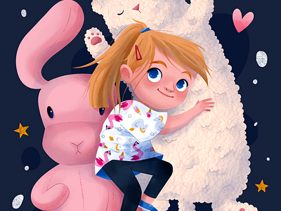 Girl and her plushies bunny cat character design children book flamingo fluffy girl illustration kids kids book picturebook plushie