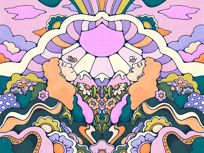 2024 the year of Fresh Starts 70sinspired characters colorful flowers goodvibes linework livelyscout nature procreate psychedelic retroillustration retrostyle surreal landscape symmetry