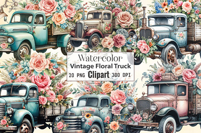 Watercolor Vintage Floral Truck Clipart valentines clipart