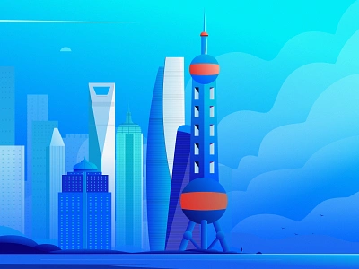 Oriental Pearl TV Tower art blue city ​​building cloud design digital illustration illustration mountain people shanghai sky tower tree