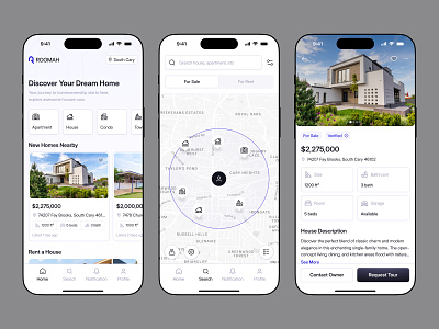 ROOMAH - Real Estate App app booking button buy house design house light mode listing mobile nearby house property app real estate rent trending ui ui design uiux