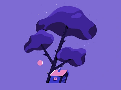 House Under the Tree art building colorful design flat forest home house illustration illustrator light moon nature night pink purple tree violet