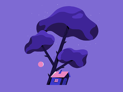 House Under the Tree art building colorful design flat forest home house illustration illustrator light moon nature night pink purple tree violet