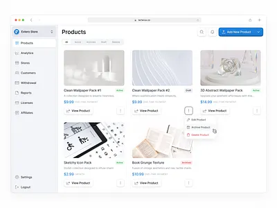 Digital products 🎁 blue button clean dashboard design dropdown expandable icon interface market marketplace minimal more navbar product saas simple ui web website