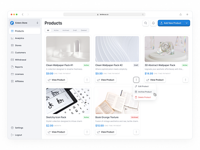 Digital products 🎁 blue button clean dashboard design dropdown expandable icon interface market marketplace minimal more navbar product saas simple ui web website