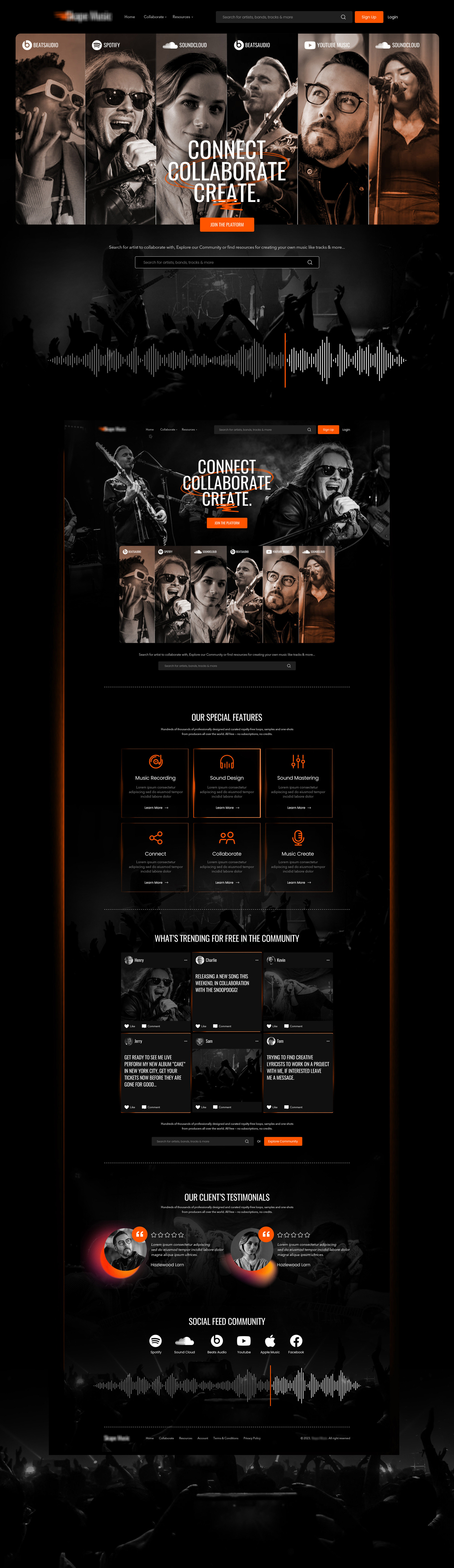 Music Artists Platform Web Design artist black branding clean collaborate concert connect create dark dark mode graphic design minimal music orange platform song ui