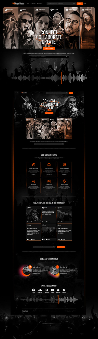 Music Artists Platform Web Design artist black branding clean collaborate concert connect create dark dark mode graphic design minimal music orange platform song ui