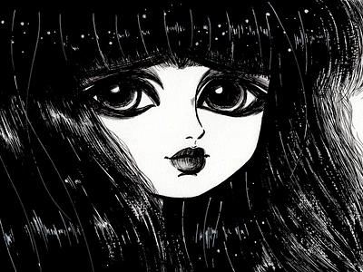 2020 - Big Eyes Girls Drawing 4 big eyes black hair character draw drawing girl handdrawn illustration ink inking portrait sad