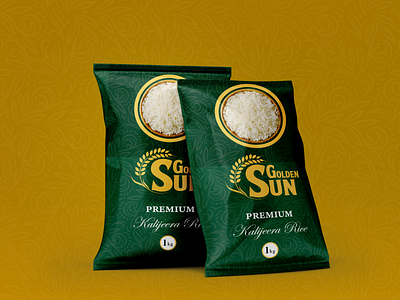 "Golden Sun" Premium Kalijeera Rice Packet Design adobe adobe illustrator adobe photoshop branding chips packet design color design foil packet graphic design illustrator packet packet design packet mockup photoshop premium rice packet premium rice packet design rice rice packet rice packet design spice packet design