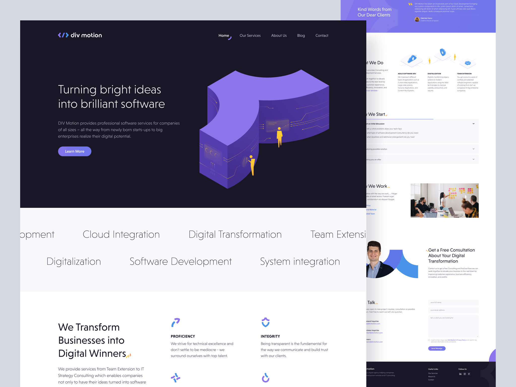 div motion - Website about us contact dark hero dark light layout hero section iconography illustration isometric landing page minimal purple purple blue gradient services ui user interface values violet web design website workflow