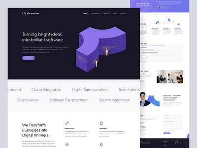 div motion - Website about us contact dark hero dark light layout hero section iconography illustration isometric landing page minimal purple purple blue gradient services ui user interface values violet web design website workflow
