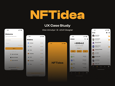 NFTidea: Redefining the NFT Experience app button chat crypto design design trend icon illustration nft rating safety social media feed transaction trending typography ui ux wallet yellow