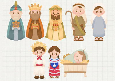 3 Kings, Joseph, Maria, Baby Jesus and Puerto Rican kids Clipart graphic design