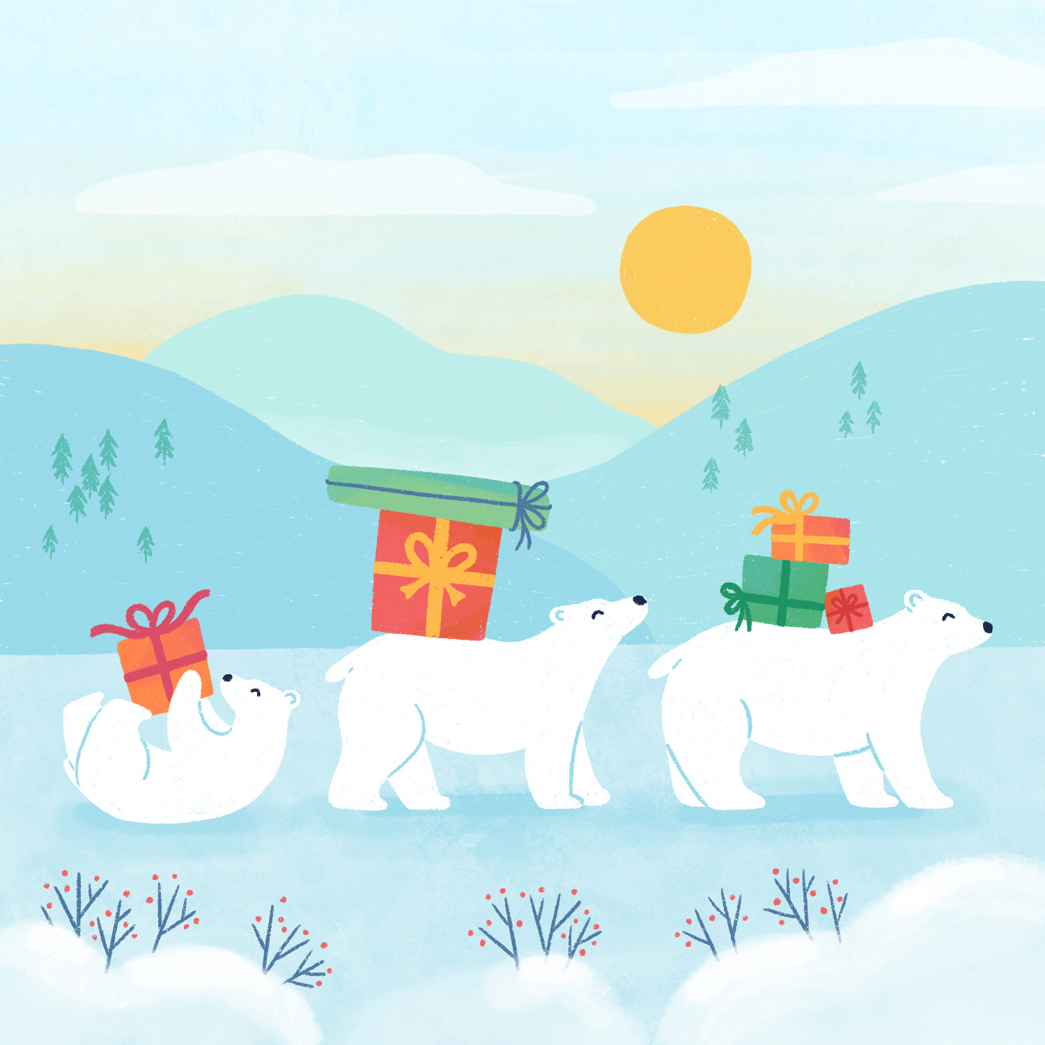 Polar Bear Family animals children christmas cute family fun illustration magical mountains nature polar bear procreate sunrise winter