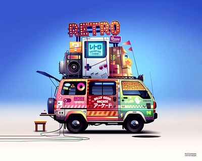 Retro gaming van arcade console culture gameboy gaming illustration japan pop retro usa van vanlife