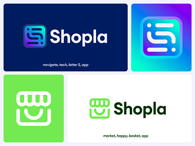 Shopla - Logo Design app application branding gradient logo happy local logo market navigate shop shopla smile tech visual identity design