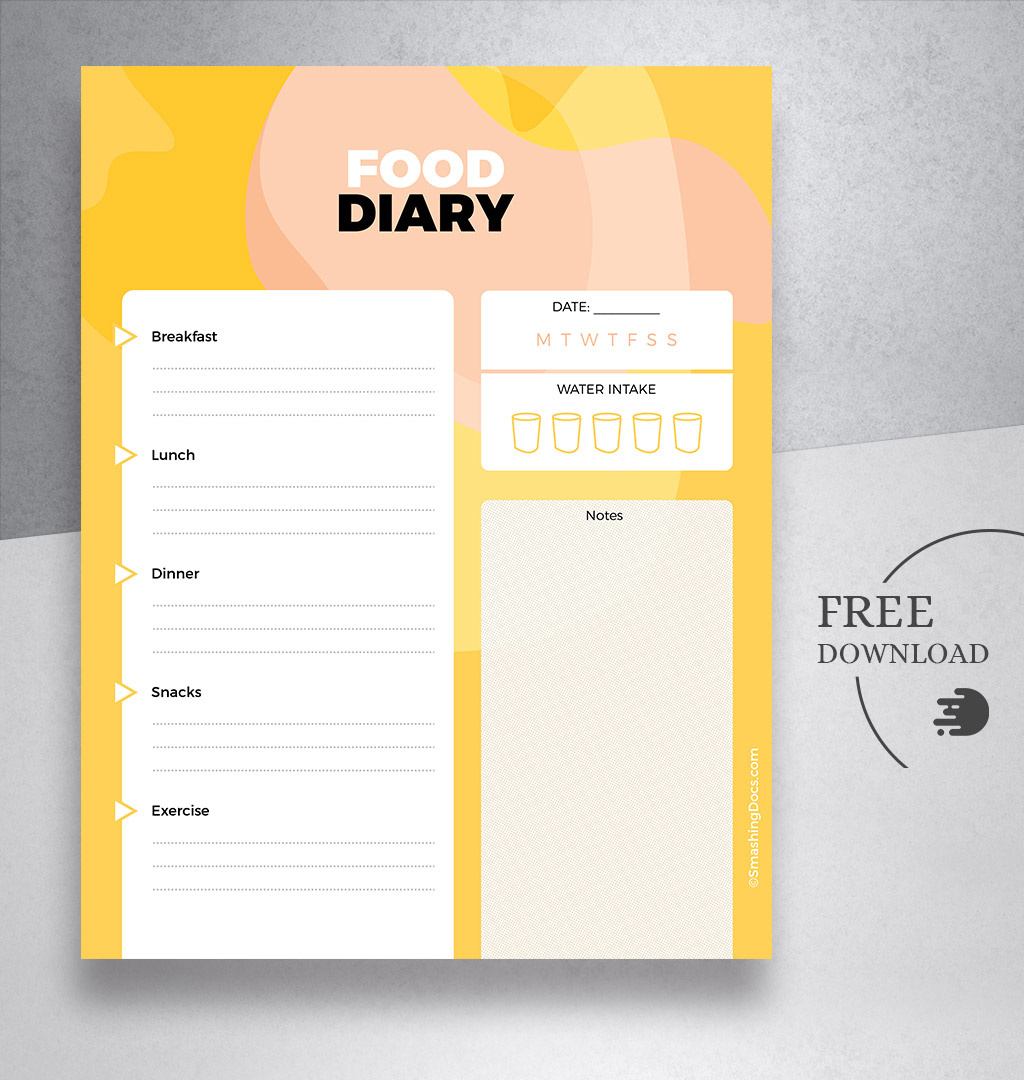 Printable Daily Food Log design food diary free freebie journal log pdf print template tracker yellow
