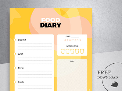 Printable Daily Food Log design food diary free freebie journal log pdf print template tracker yellow