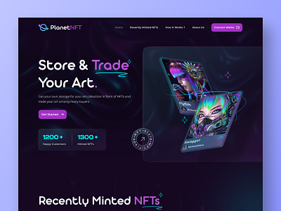 Planet NFT Landing Page blockchaindesign creativespace cryptoart darktheme design digitalart futuristicdesign glassmorphism gradient interface landingpage marketplace nft nftdesign tech ui ux webdesign