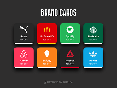 Brand Cards UI advertising black brand branding brands card card ui cards clean coupon dark discount explore figma inspiration logo minimal offer offers voucher
