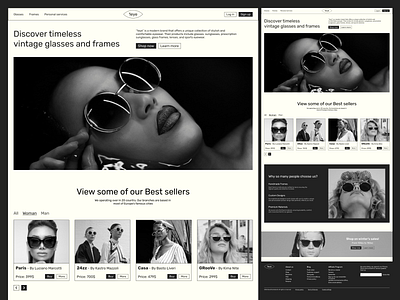 Website design for eyewear company 2024 black and white branding design e comerce glasses graphic design illustration landing page logo minimalistic moder smooth ui ux vector web design