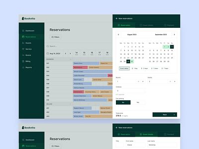 Booknito | Hotel Management System app app design booking calendar clean design figma green hotel interface modal occupancy reservation rooms steps system ui user experience ux white