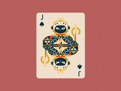 Bounty the Black Cat: Jack of Spades Playing Card Illustration animals black cat board game cards cat color colour cute design flat design geometric illustration jack of spades monkey monkey king nature playing card art playing cards poker vector