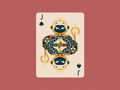 Bounty the Black Cat: Jack of Spades Playing Card Illustration animals black cat board game cards cat color colour cute design flat design geometric illustration jack of spades monkey monkey king nature playing card art playing cards poker vector