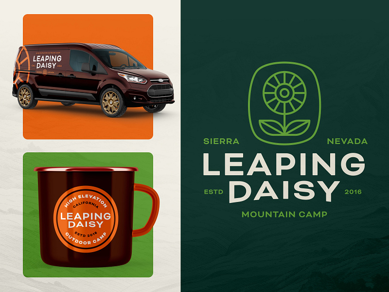 Leaping Daisy badge brandidentity branding casestudy flower green identity illustration mug orange symbol van