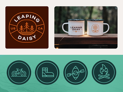 Leaping Daisy badge bike boot branding fire forest icons identity kayak leapingdaisy mockup outdoors