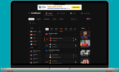 LiveScore sports application (Desktop-web version) app design typography ui ux