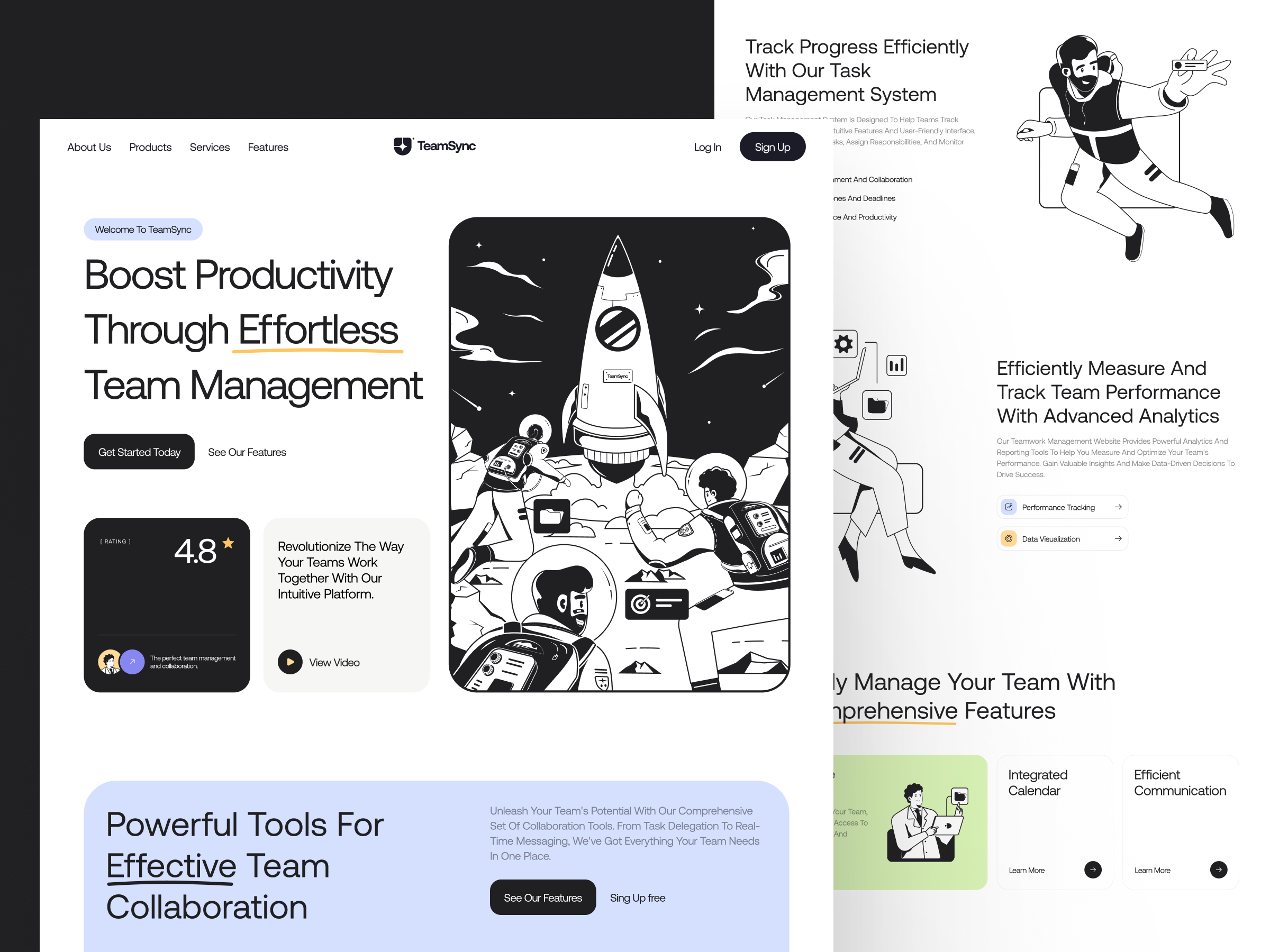TeamSync - Team Management Platform Website app design graphic design illustration landing page line illustration logo minimalist modern page product productivity platform rocket team collaboration team management ui ui ux ui visual design ux website