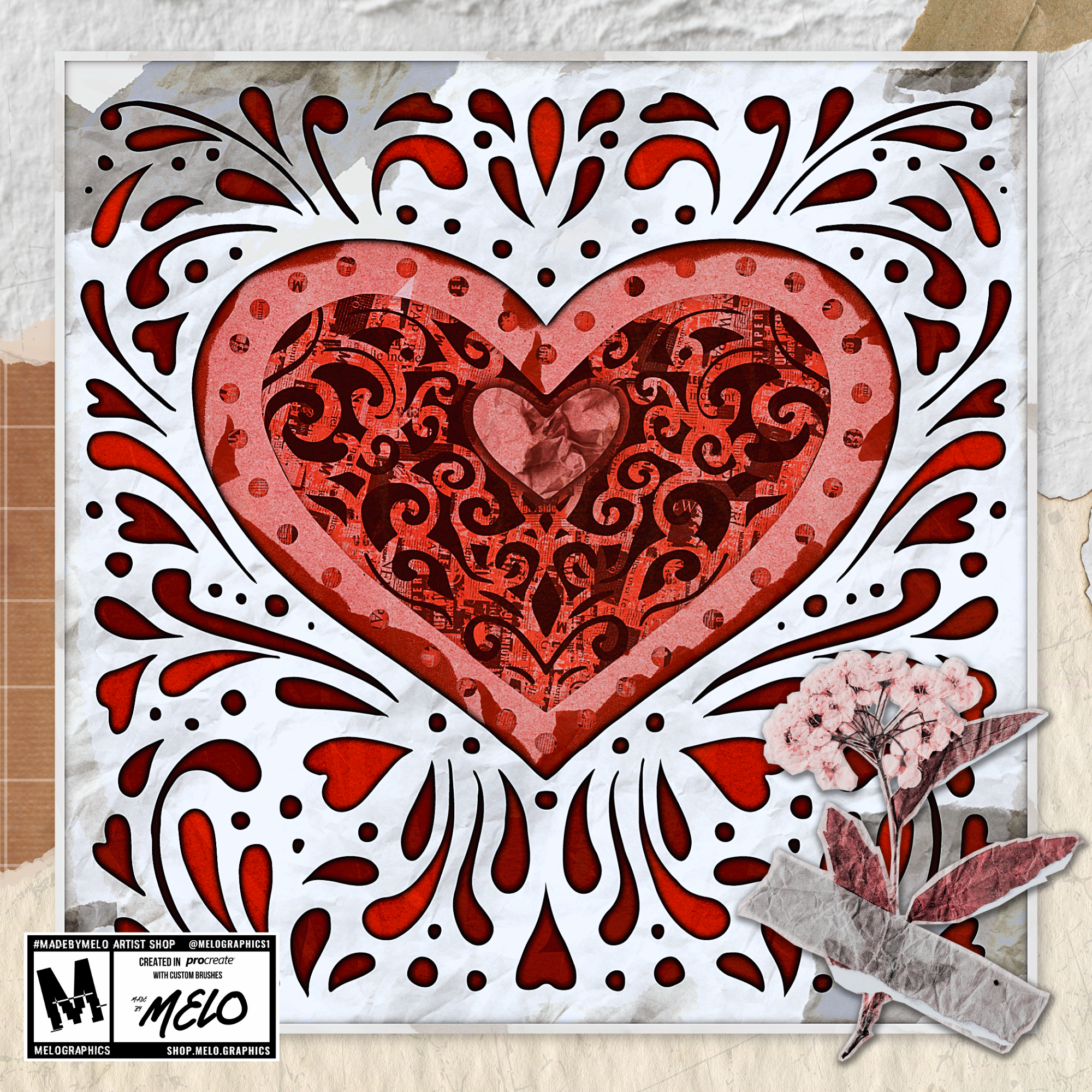 Papercut Heart by MELOGRAPHICS | #MadeByMELO art custom brushes digital art graphic design heart illustration madebymelo paper papercraft papercut procreate textures valentines day