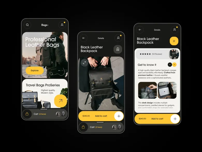 Sleek Mobile App Design for Leather Bags