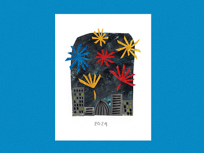 New Year Celebration acrylic acrylic paint art artprint buildings city collage editorial fireworks graphic design illustration mixed media night time paper paper cut