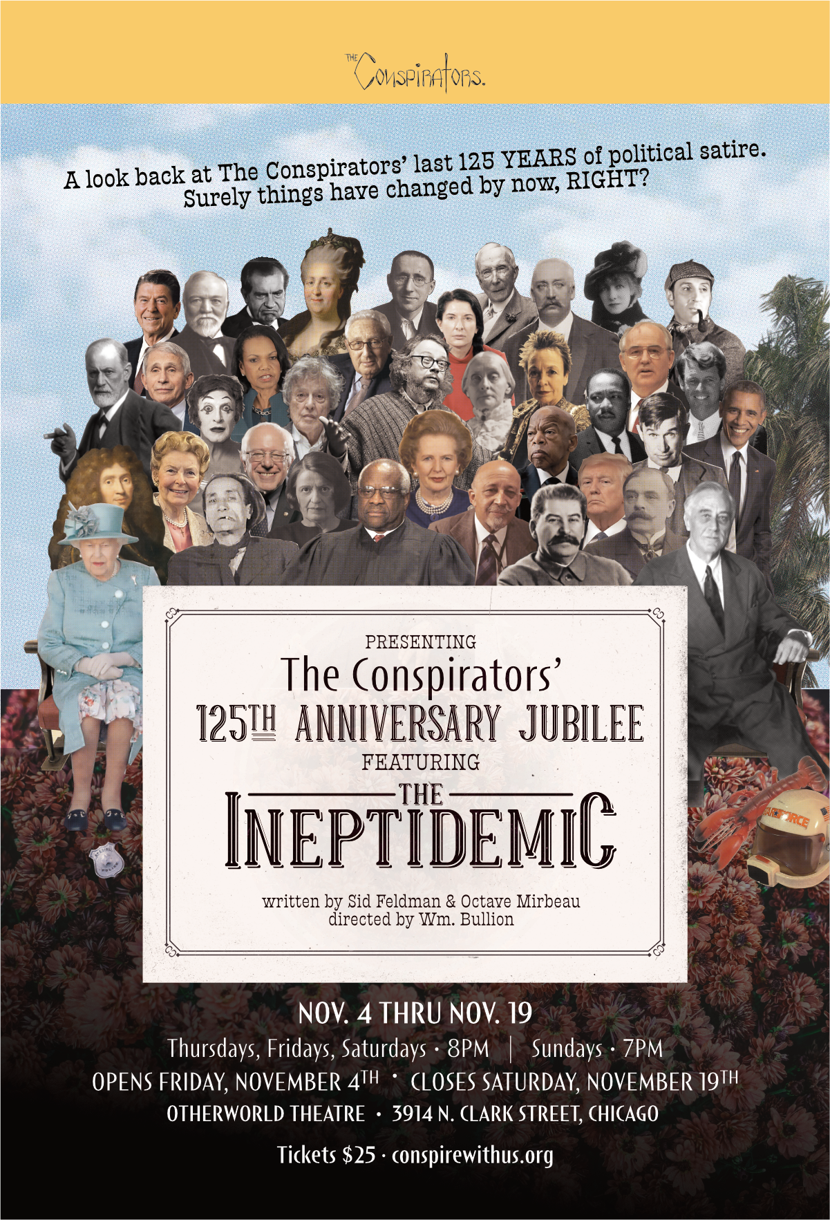 The Conspirators' 125th Anniversary Jubilee political satire political theater postcard design poster poster design satire sergeant pepper the beatles the conspirators theater theater poster