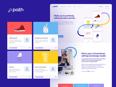 Path Website design brand identity branding color block images landing page linear design path photography products purple testimonials ui design website design