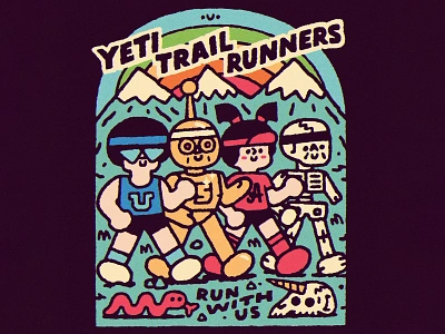 Yeti Trail Runners. Run With Us cartoon club cute design doodle graphic design illustration japanese kawaii lettering logo robot run runners skull snake t shirt design tshirt usa yeti trail runners