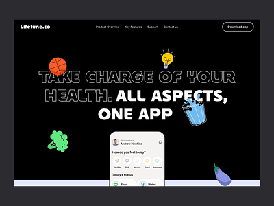 Lifetune.co landing page interaction animation app app design health healthy life healthy life design illustration life life balance tracking app ui ux web web design