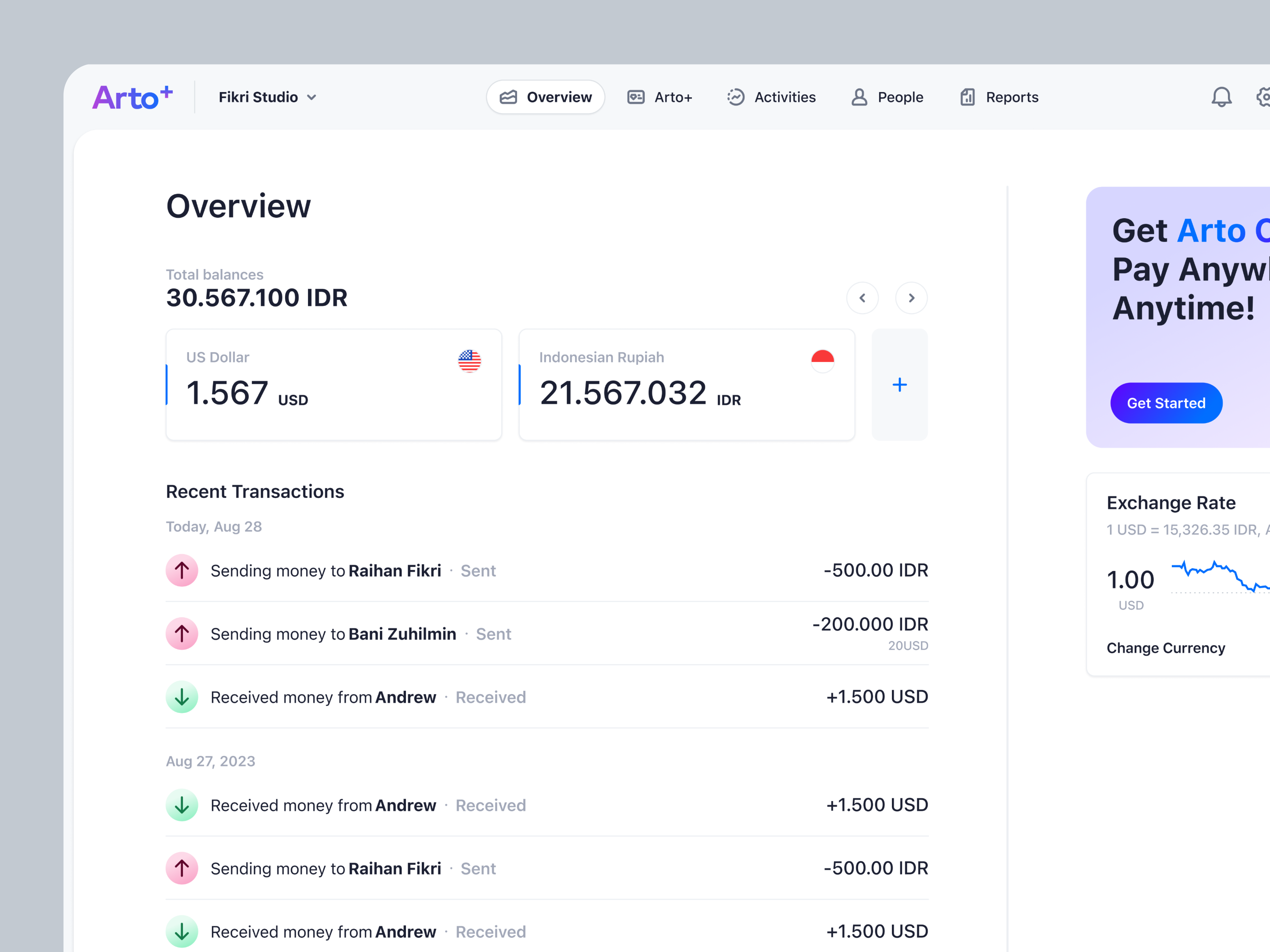 Arto Plus - Overview Lite - SaaS Payment System activity balances currencies exchange finance overview payment payx product design request money saas send money transactions ui ux
