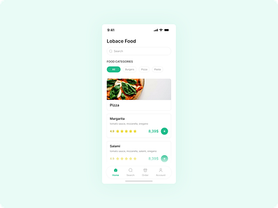 Food Delivery App food food categories food delivery app light green mobile app pizza rating system ui ux