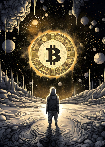 Bitcoin in Space astronaut illustration moon space