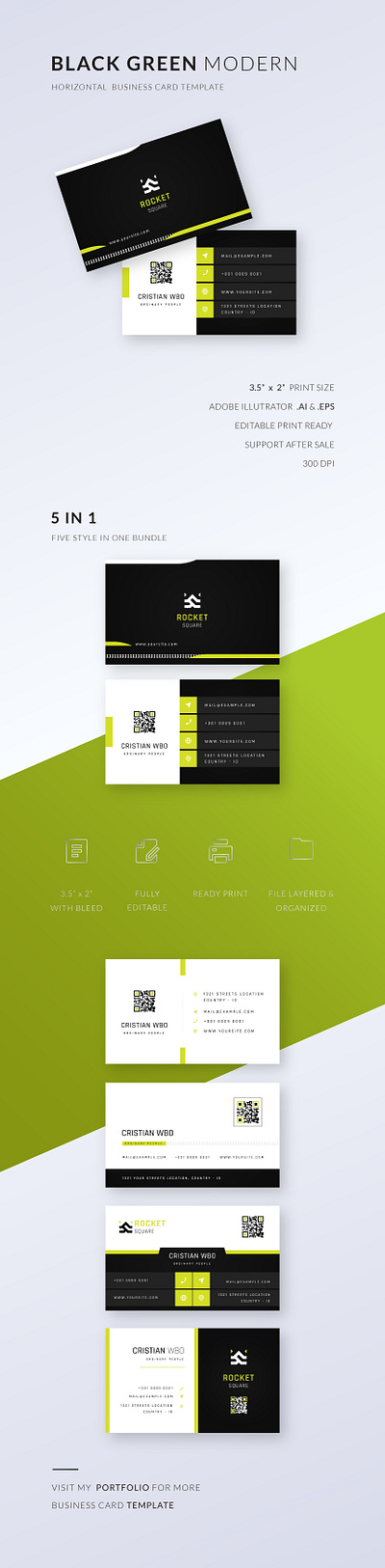 BLACK GREEN MODERN BUSINESS CARD TEMPLATE branding business business card business cards card design editable editable business card graphic design logo modern modern business card professional professional business card qr code qr code business card template vector vector business card visit card