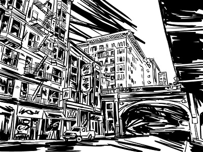 Abandoned City black and white california digital ink drawing san francisco sketch study