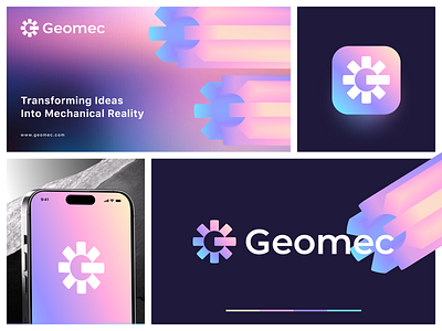 Geomec Logo app mark brand identity branding design engine g g branding g logo geomec graphic design identity letter mark logo logo designer logo mark machine mark mixed mark symbol ui