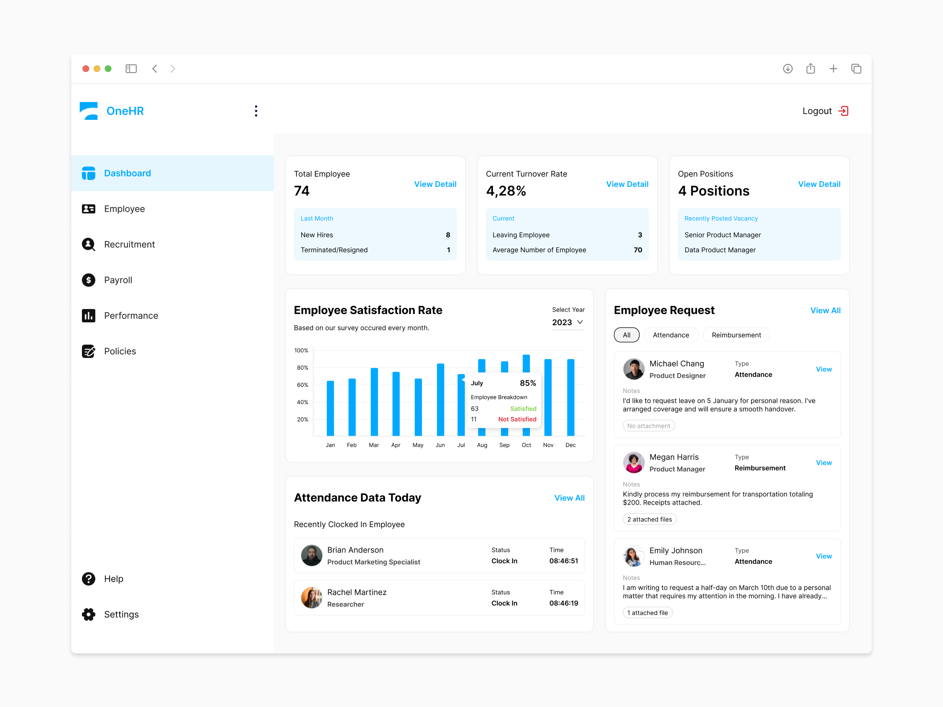 OneHR - HR Dashboard clean dashboard employee hr management request saas ui ux web