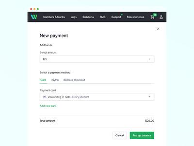 Wavix · Payments add new add new card billing chechout funds new card payment methods peyments platform product top up topup web white