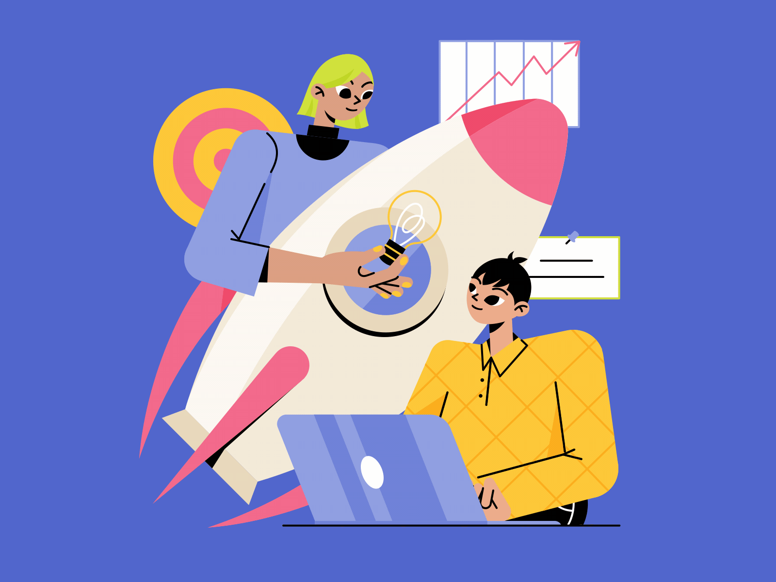 Girl and guy preparing start-up rocket to launch with ideas 2d animation brainstorm business company collaboration colleagues company idea illustration laptop launch man motion graphics product rocket start start up teamwork wokk woman