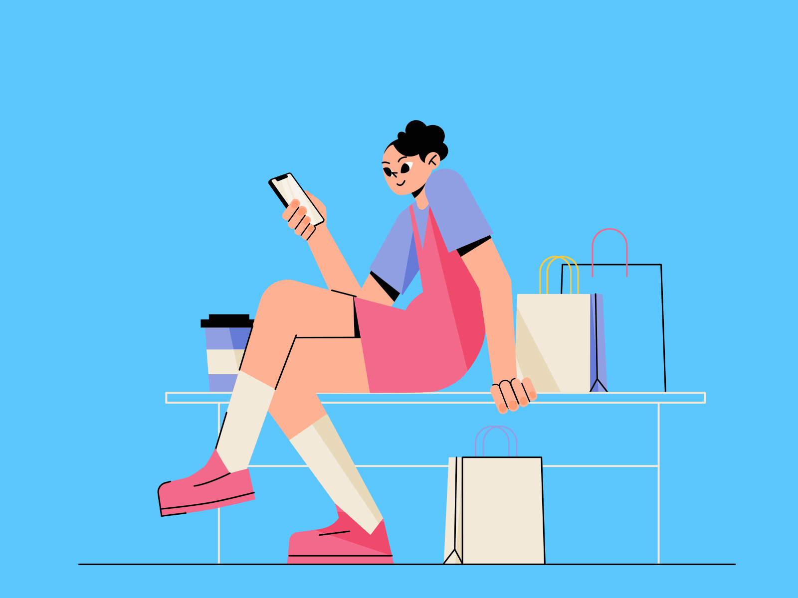 Girl with shopping bags calling a taxi on mobile phone 2d animation bags bench calling client girl happy illustration motion graphics online order phone shopping taxi taxi application teen user waiting woman
