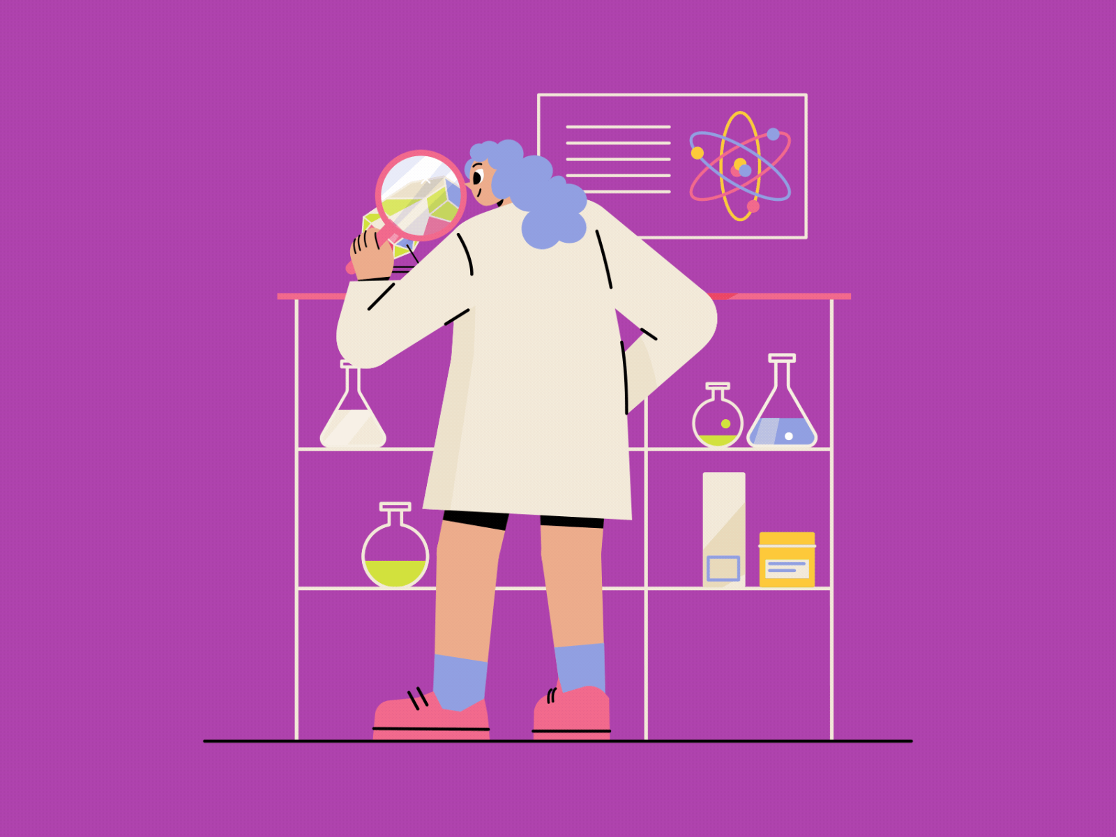 Scientist studies a crystal 2d animation assistant chemistry crystal experiment gem girl hemologist illustration laboratory magnifying glass research scientist study the science woman work